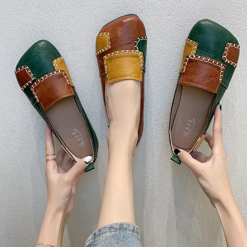 Designer Patches Ballet Flats Women's Summer Autumn Leather Moccasins Woman Green Flat Shoes Elegant Slip On Loafers Female Shoe