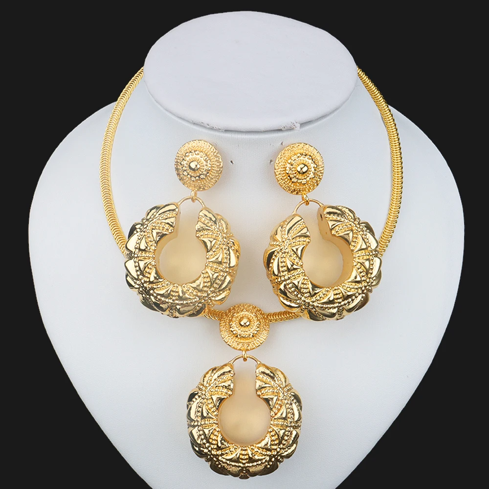 

Pendant Necklace Jewelry Sets for Wedding Dubai Women Necklace and Hoop Earring Set Nigerian Bridal Set African Jewelery Gifts