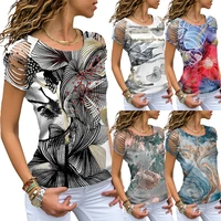 2022 womens t shirt cut out shoulder abstract painting summer o neck short sleeve print tops fashion female high street clothes