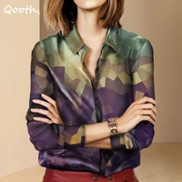 qooth spring women long sleeve shirt vintage single breasted loose casual turndown collar blouses qt1856