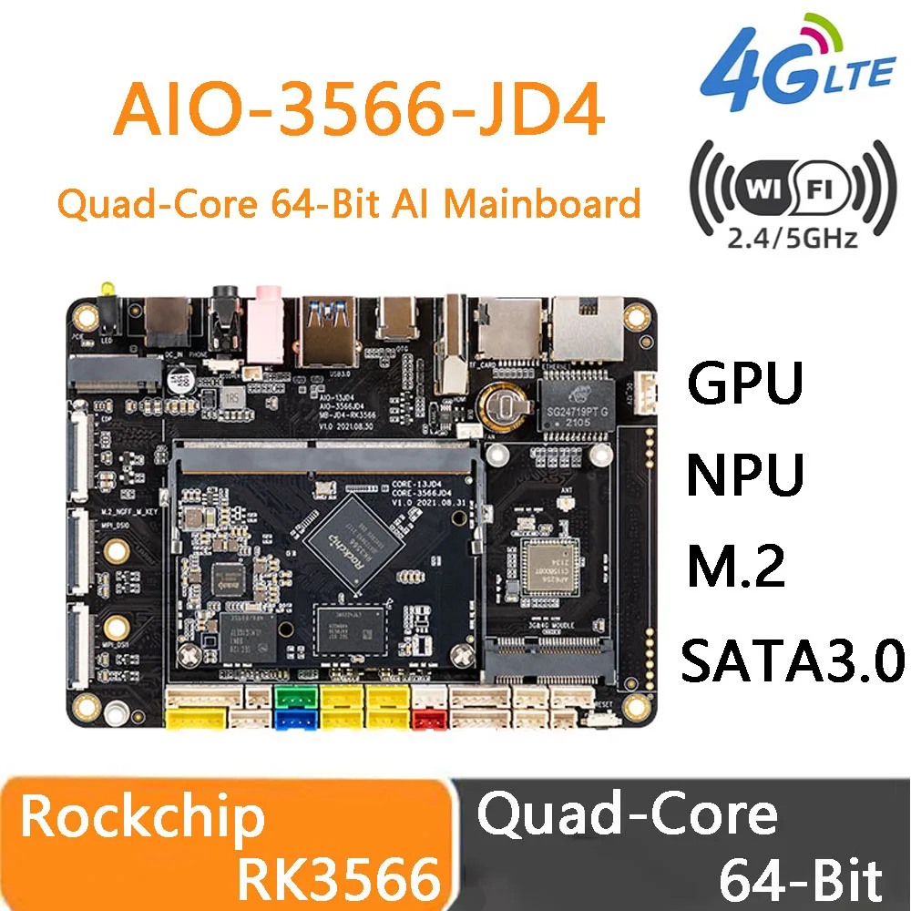 RK3566 AI Mainboard Quad-Core 64-Bit Cortex-A55 Processor 1.8GHz 4K 1000Mbps Ethernet Low Power GPU NPU 1.0Tops SATA3.0