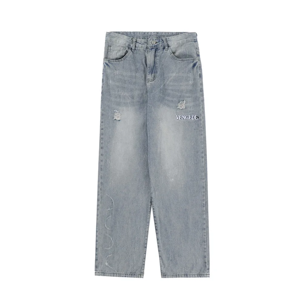 Retro Pocket Letter Embroidery Ripped Casual Jeans Men and Women Straight Harajuku Oversize Streetwear Loose Denim Trousers Blue