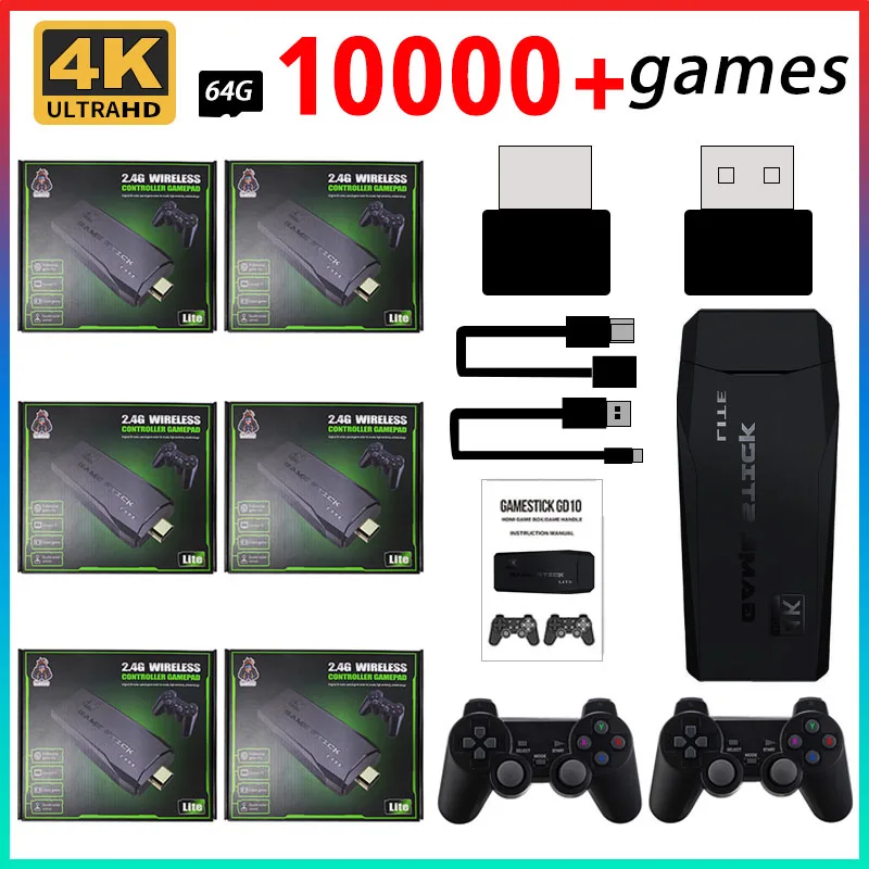 

64G Stick Lite Встроенный 4K 10000 игр, видеоигра, консоль 4k HD, беспроводной контроллер для рождественского подарка, Прямая поставка