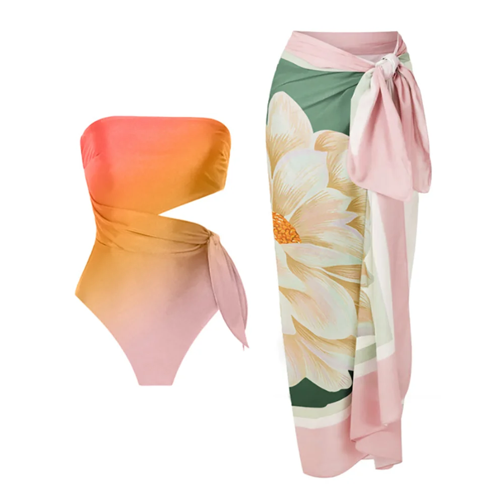 Gradient Print Fashion Swimsuit Set  Cover Up Biquini Naranja 2022 Swimwear With Skirt Patchwork Women's Bandage Summer Beach