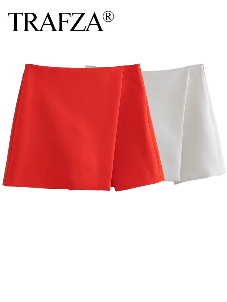 

TRAFZA Summer Fashion Female Vintage Mini Skirt Chic Side Zipper Elegant Asymmetric Mini Skirt High Waist Hem Fork Skort Skirt