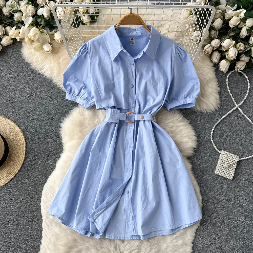 

Clothland Women Elegant Shirt Dress Short Puff Sleeve Single Breasted Elastic Waist Sashes Summer Mini Dresses Mujer QB96