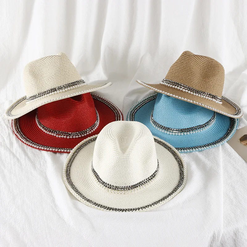 

New Style Wide Brim Straw Hat Pearls Band Panama Hat for Women Rhinestone Summer Beach Sun Hat Ladies Fedoras Church Derby Hat