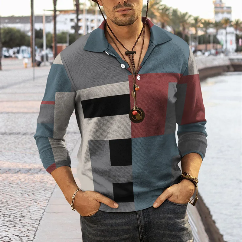 

2022 European And American New Male Clothing Casual Lapel Long-sleeved 3d Geometric Print Loose Pullover Men's Polo Shirt