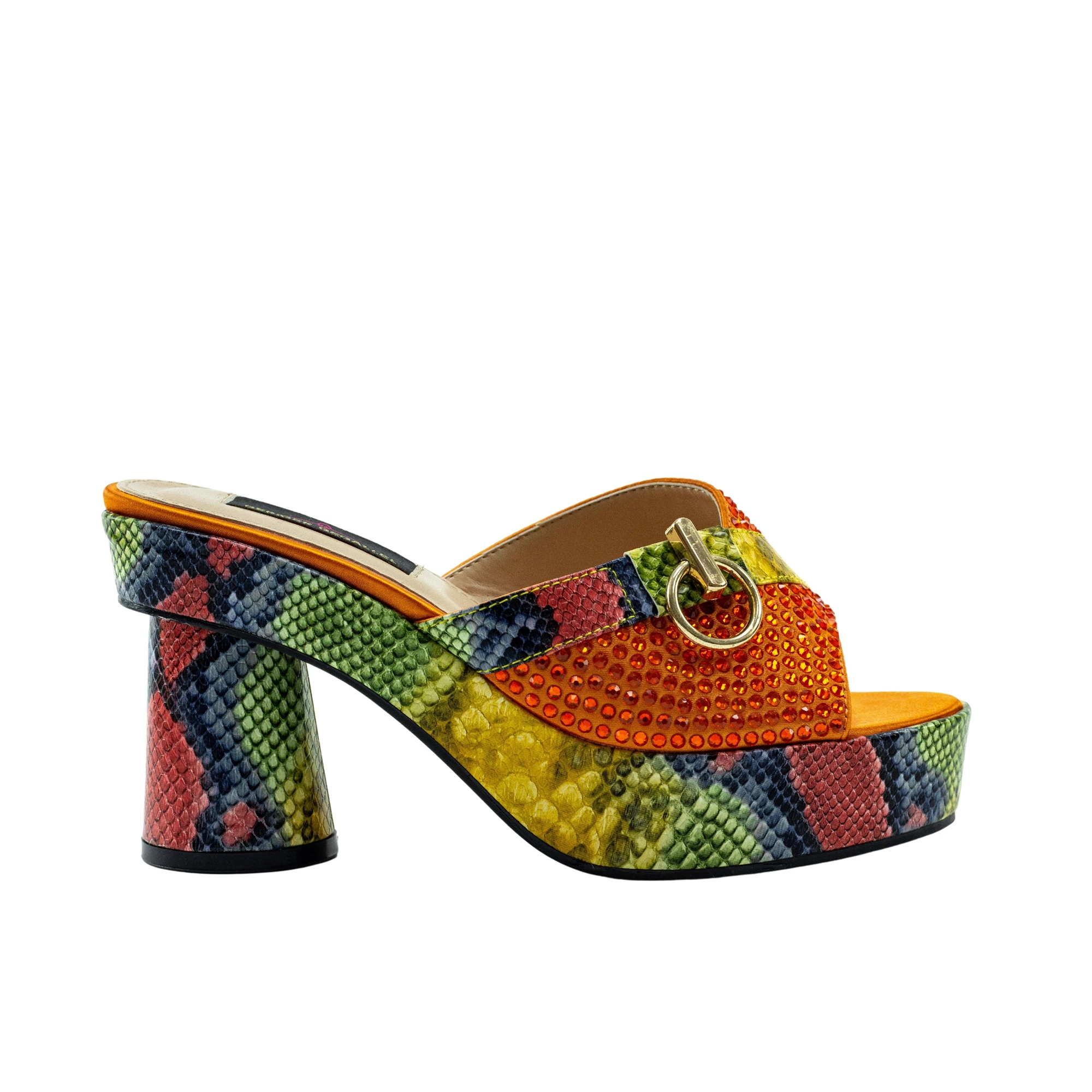 US Brand Geriger Gegallel Women Designer Sandals Orange Leather High Heels for Women Party Glitter Sandals Chunky Platform Mules