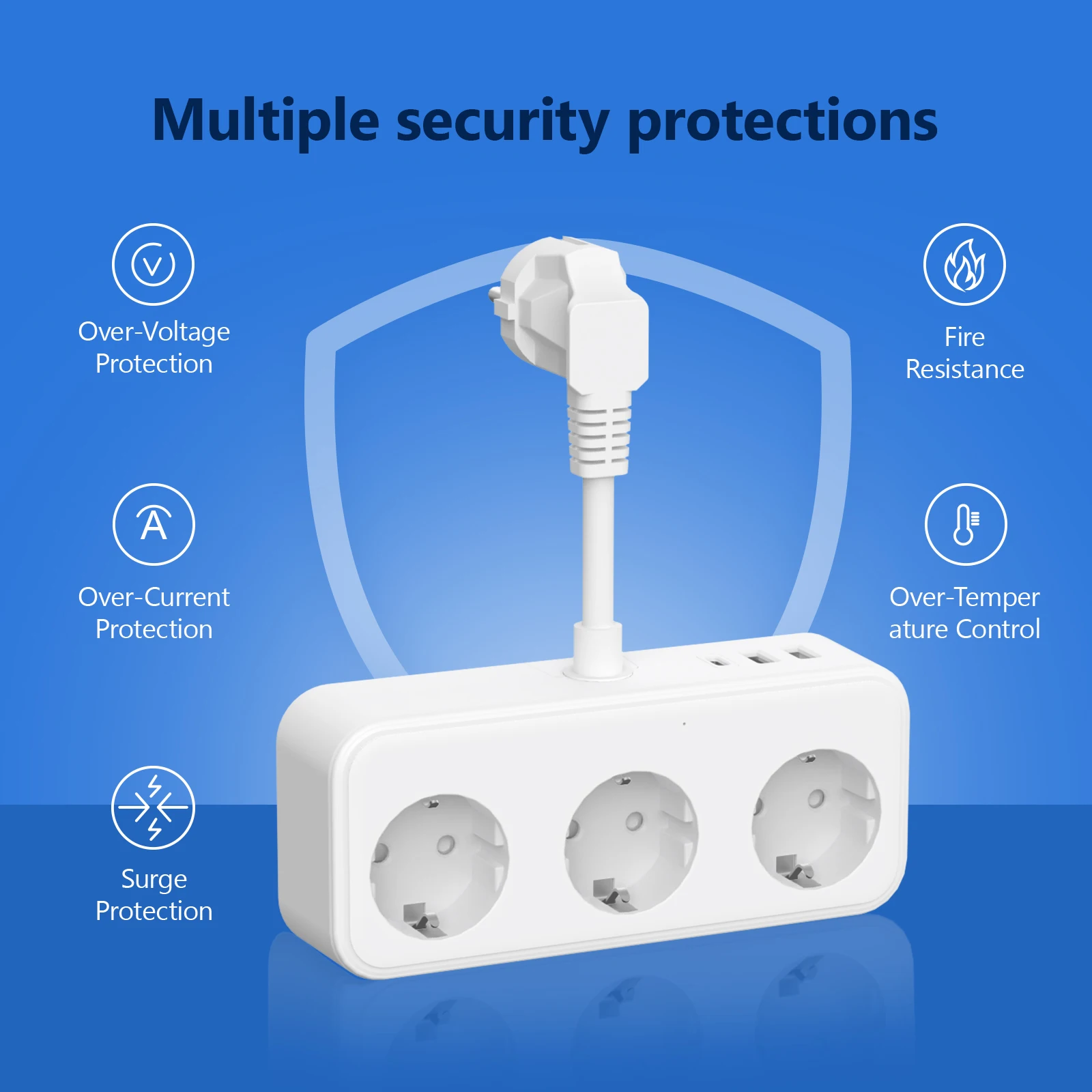 Удлинитель с вилкой европейского стандарта 2 порта USB A 1 тип C и 3 розетками