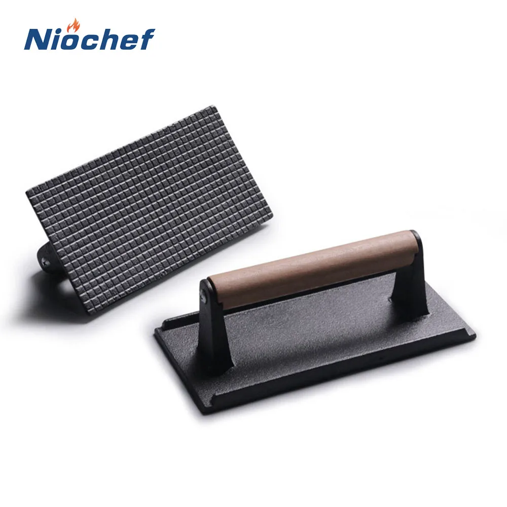 

Cast Iron Rectangular Meat Pressing Plate Commercial Household Uncoated Wooden Handle Teppanyaki Squid Fried Steak Barbecue Tool