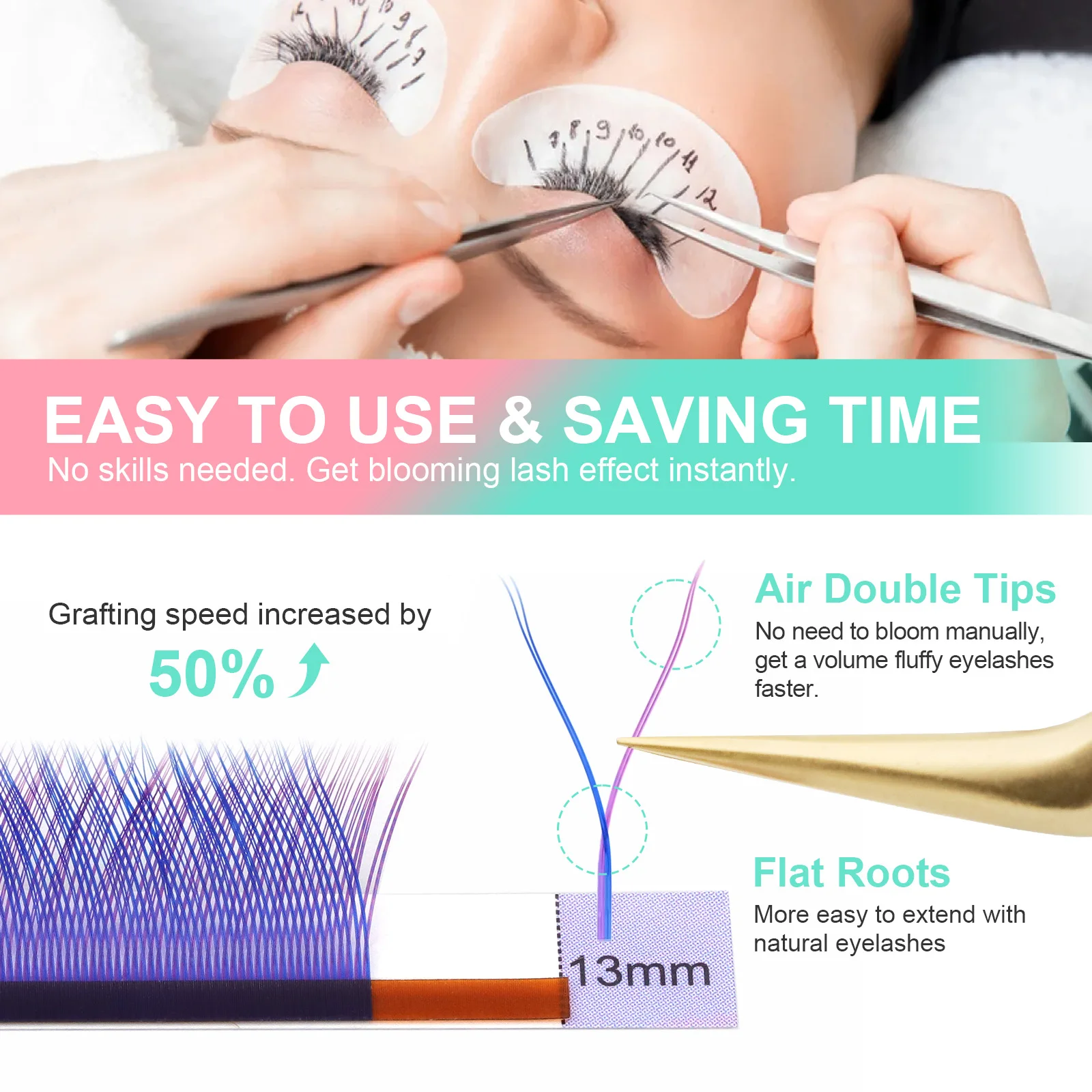 Накладные ресницы NAGARAKU YY в форме синего и фиолетового волнистых 4D