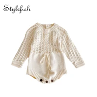 in hot sales autumn baby rompers wholesale baby girls clothes knitted hollow out waist long sleeved jacket triangle jumpsuit