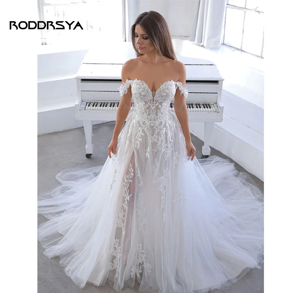 

RODDRSYA A-line Tulle Off Shoulder Wedding Dress 2022 Appliques Sweetheart Floor-length Bridal Gown Customized Robe De Mariée