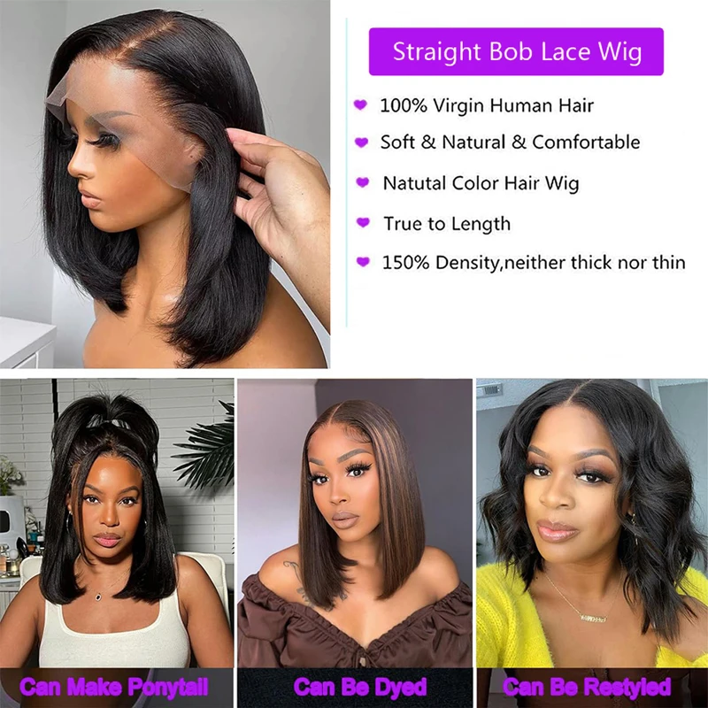 Straight Bob Frontal Wig Lace Natural Black #1B Pre Plucked With Baby Hair 200% Density Short Wigs For Women