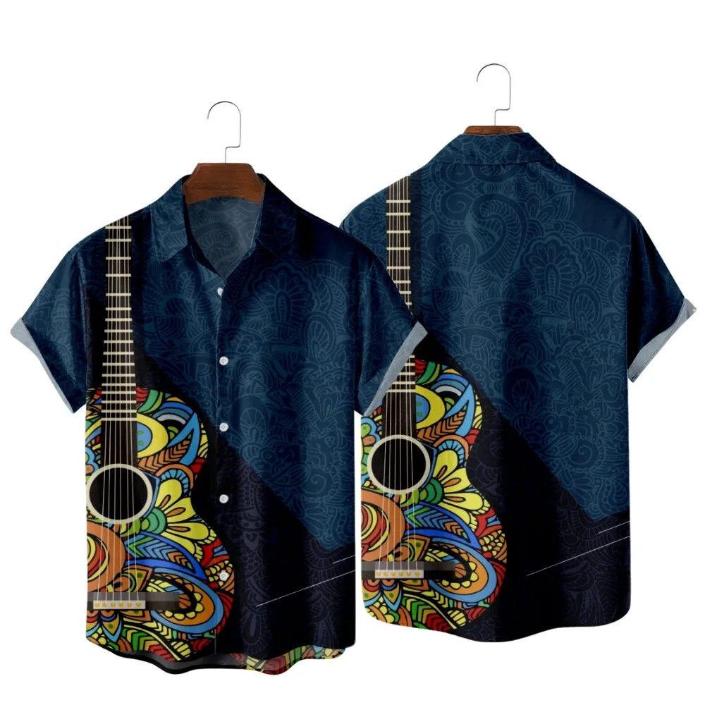 

2022 Colorful Pattern Guitar Vintage Print Shirt, Fashion Casual Simple Style Hawaiian Beach, Men's Summer Pocket Shirt