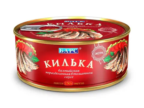 Упаковка 24 банки Килька в томате Барс Экстра 250г - изображение