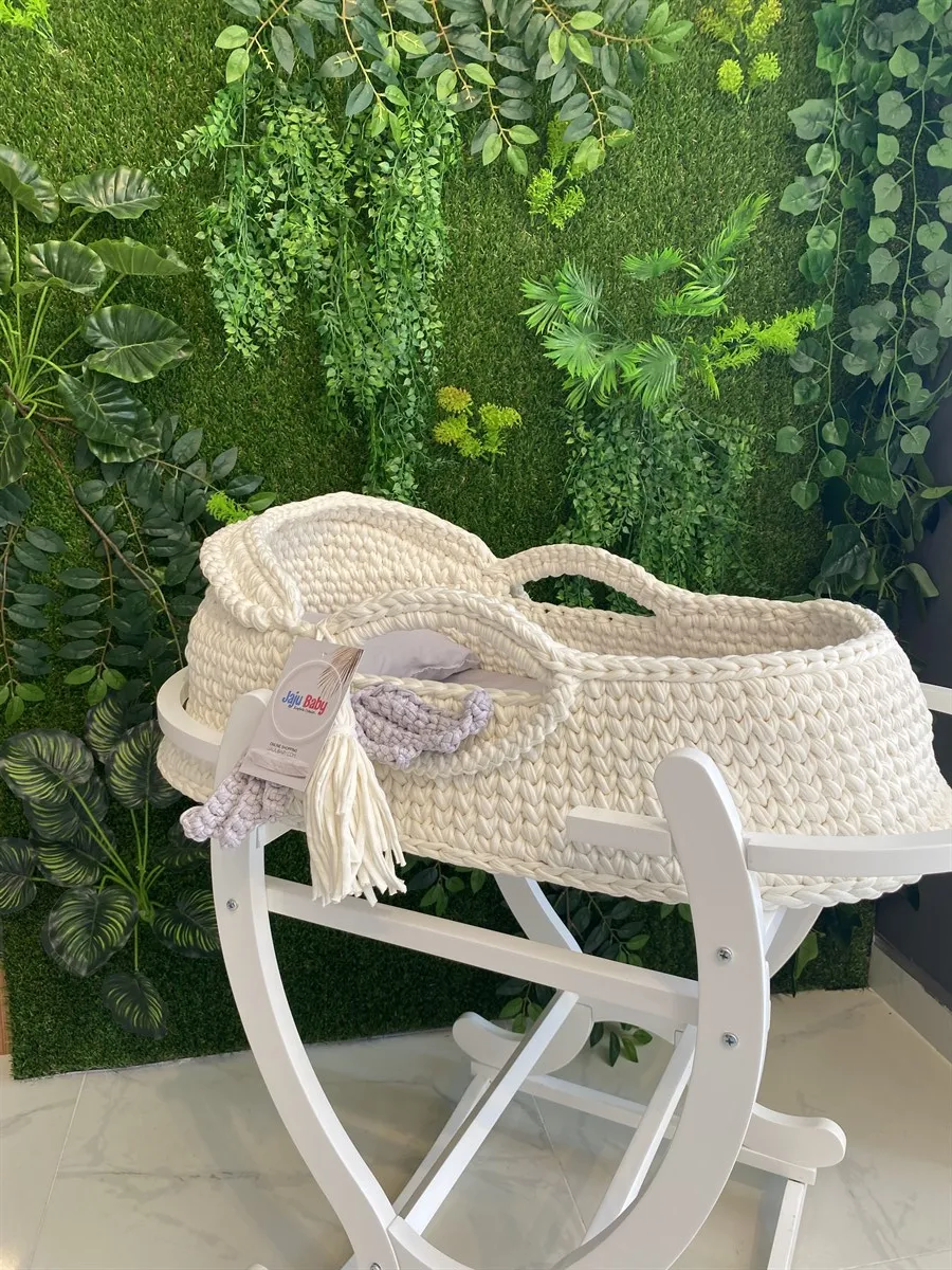 Jaju Baby Moses Basket Flat Cream Top Open Knit Stroller