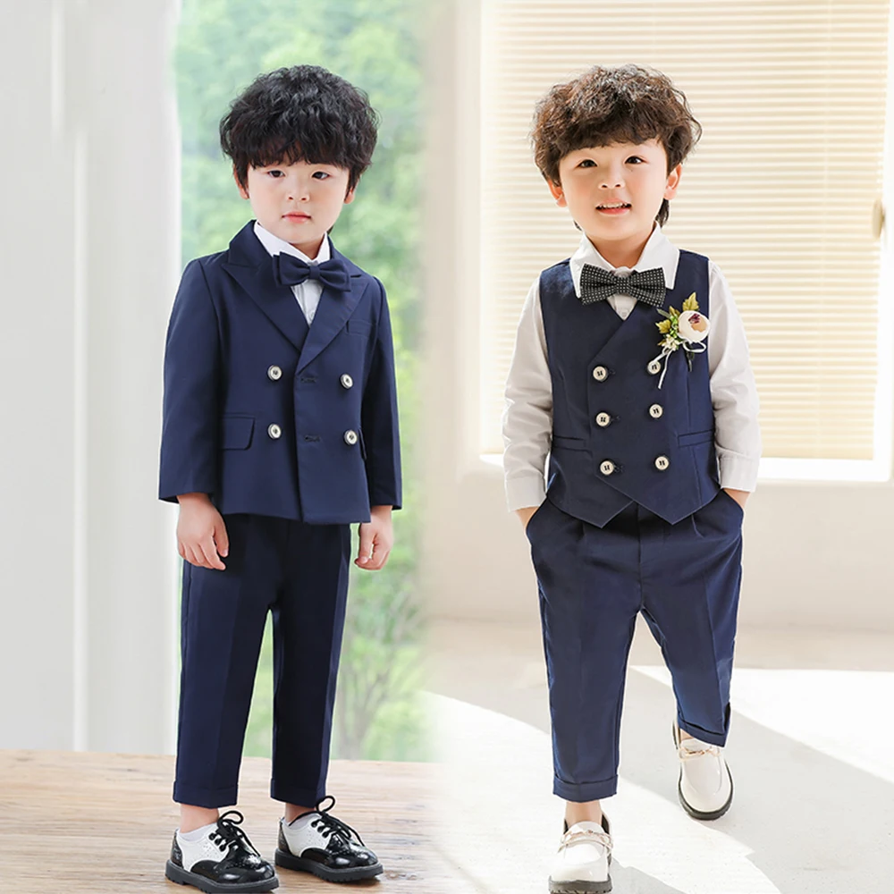Boys Suit Jacket+Vest+Pants Double Breasted Slim Fit Casual Gentleman Three-piece Wedding Dress Hosting Party