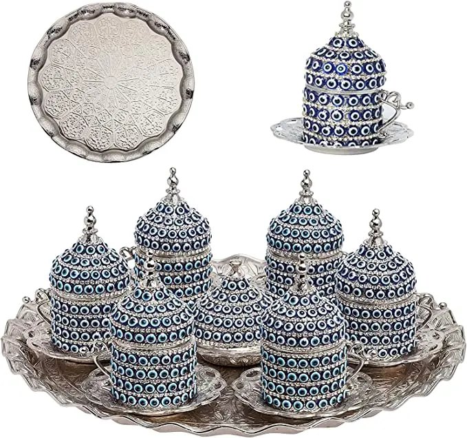 

Alisveristime 27 Pc Ottoman Turkish Greek Arabic Coffee Espresso Serving Cup Saucer (Evil Eye) … (Silver)