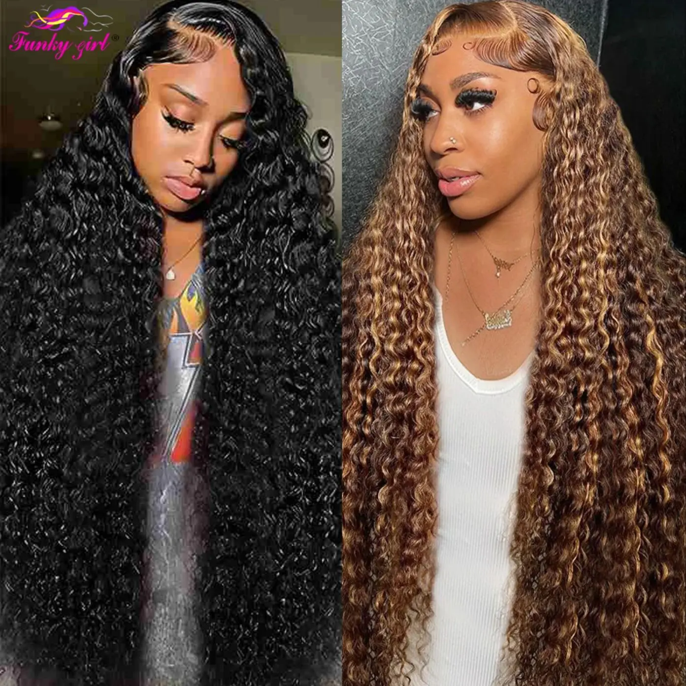 Выделите Ombre 250% Плотность Глубокая Волна Парики Фронта Шнурка Человеческих Волос