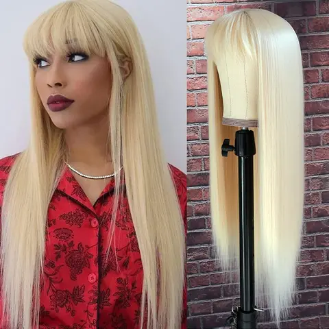 180% Плотность 26 дюймов длинный прямой парик с челкой 613 блонд парик человеческие волосы без кружева парик натуральный вид парики для черных женщин