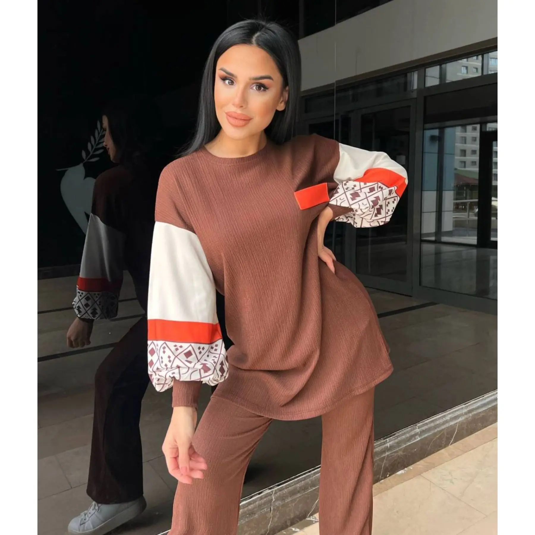 

Women's Two Piece Pant Set Lantern Sleeve Patterned Long Sweater Tunic and Pants Sportswear Tracksuit Women's Outfit 2023