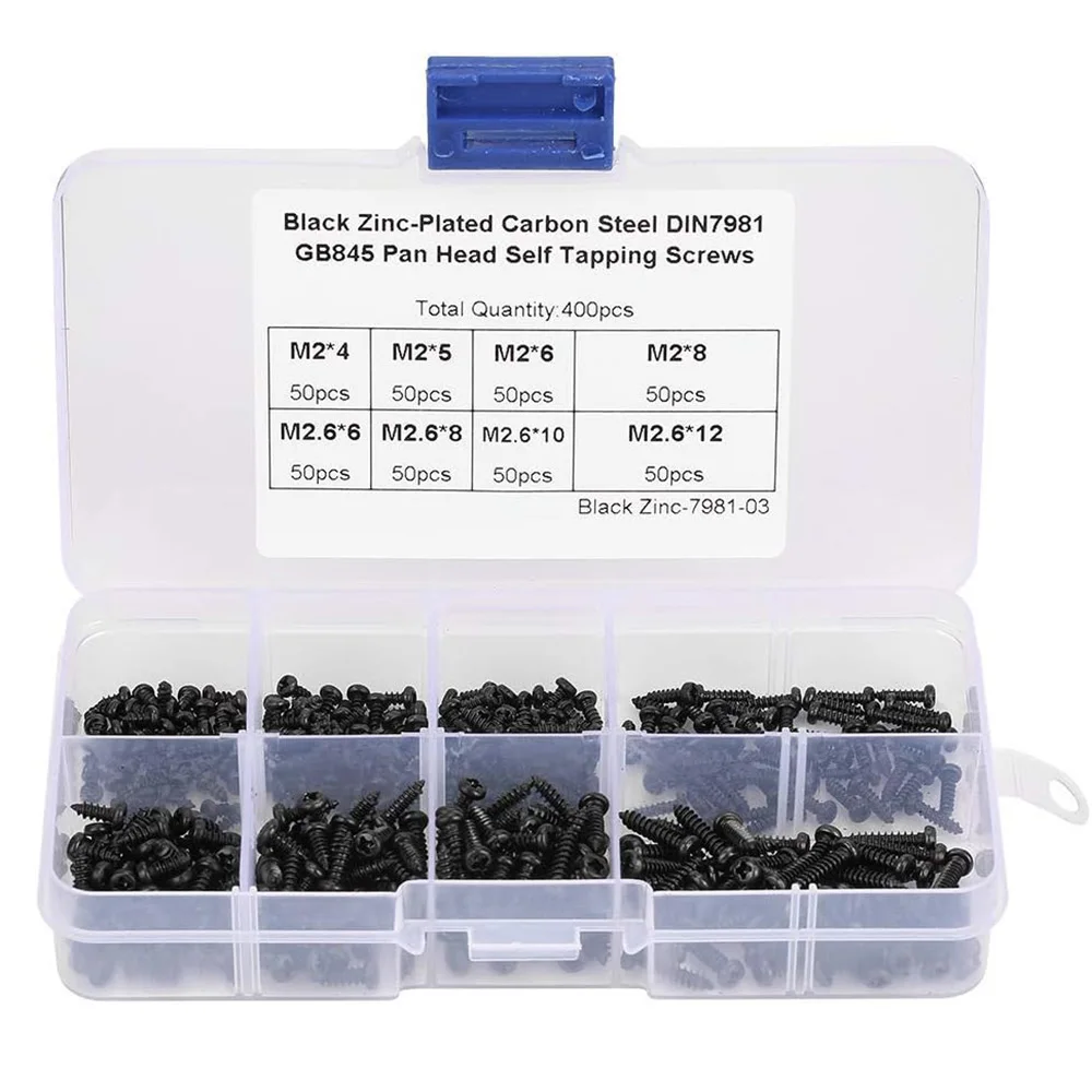 

400 шт. винты, саморезы, черные M2 * 4/5/6/8 M2.6 * 6/8/10/12 с крестообразной головкой, набор саморезов по металлу, набор ассортиментов