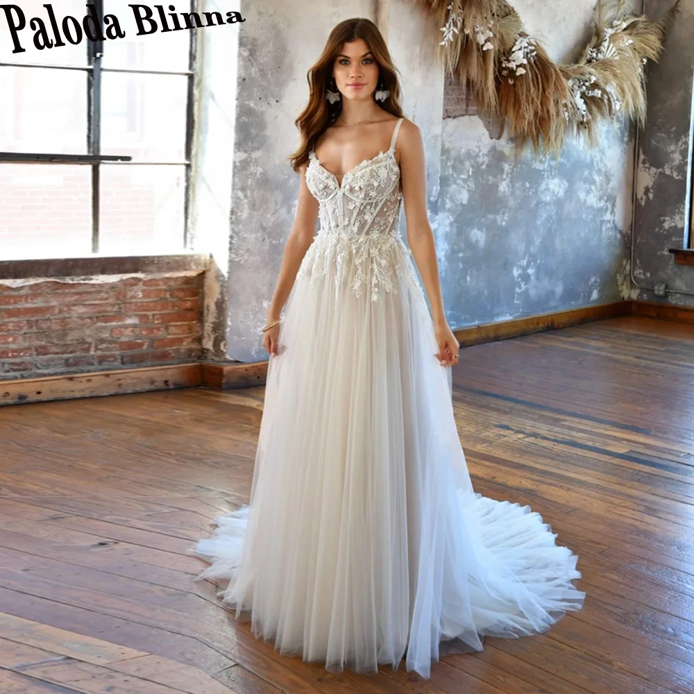 

Paloda A-LINE Pleat Modern Wedding Dresses 2023 Bride V-Neck Spaghetti Straps Chapel Train Sleeveless Button Robe De Mariée