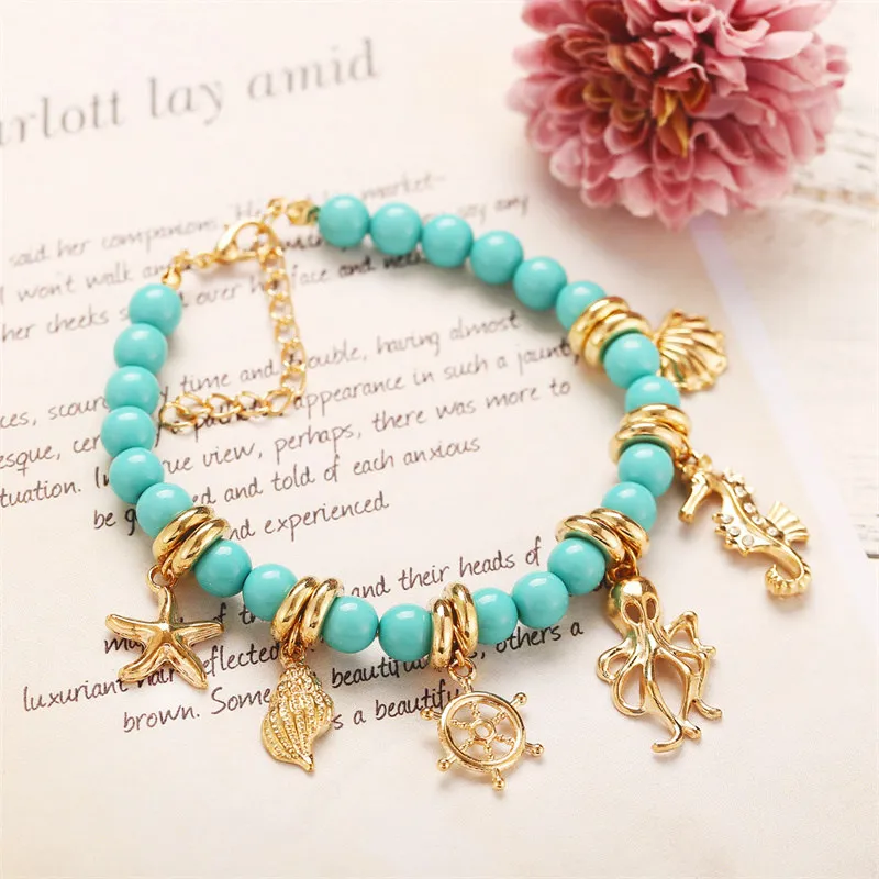

European And American Creative Simple Alloy Conch Rudder Octopus Pendant Natural Stone String Beach Anklet Women's Jewelry