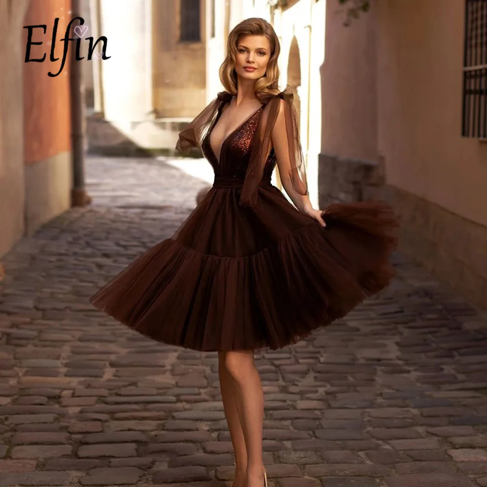 

Elfin Brown Mini Prom Dresses Tiered Tulle A-Line Short Wedding Party Dresses Formal Gowns Spaghetti Straps Cocktail Party Dress