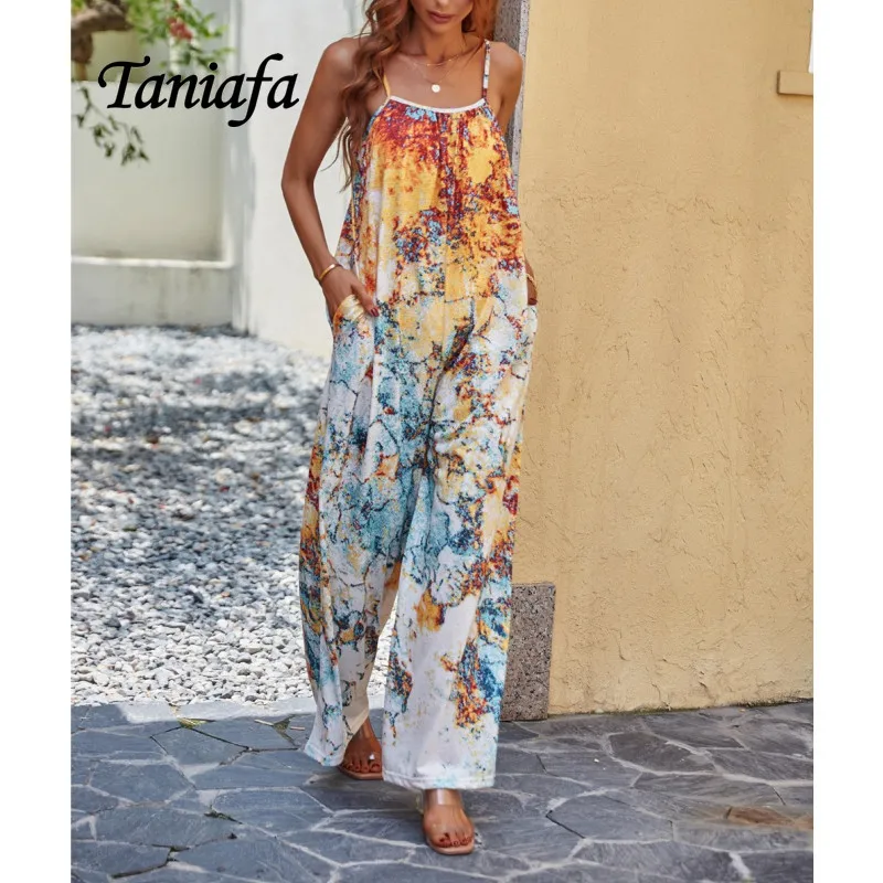 

Fashion Women Sleeveless Strap Pocket Wide Leg Jumpsuit Rompers Casual Loose Pants Overalls Plus Size Ladies Long Pant
