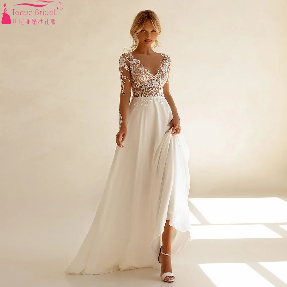 

Long Sleeve Lace Wedding Dresses A Line Skirts Floor Length Bohemian Bridal Gowns ZW931