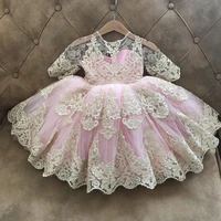 Illusion Children's Elegant Dress Tulle Puffy Child Evening Dress Long Sleeves Girl Kid's Dress Ruffles Pink Flower Girl Dresses