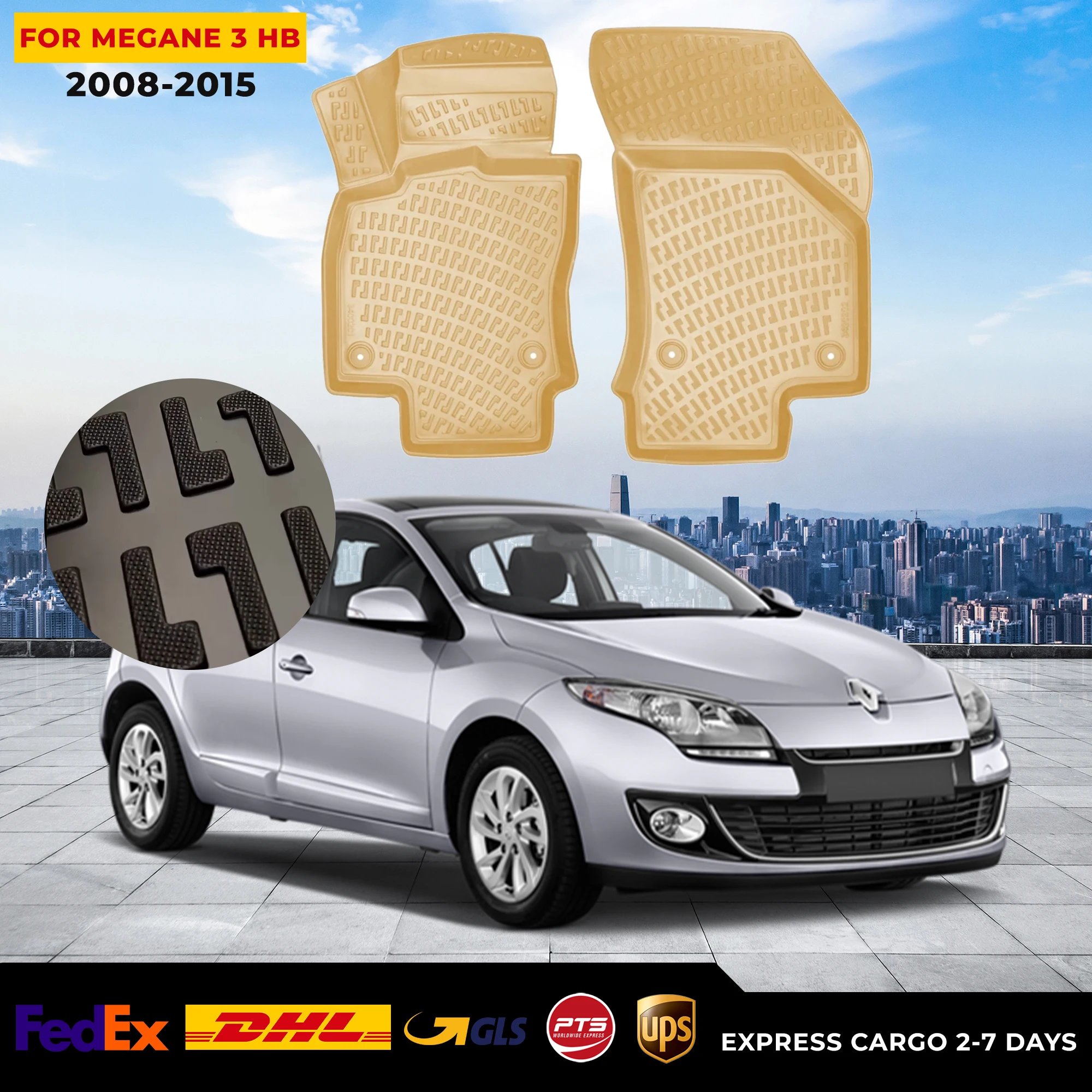 

3D Car Floor Liner For Renault Megane 3 HB 08-15 Beige Waterproof Special Foot Pad Fully Surrounded Mat Accessories Rugs Nonslip