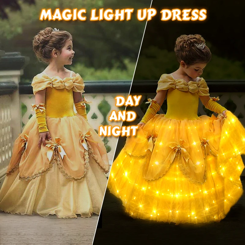 Uporpor LED Girls Beauty and the Beast Cosplay Princess Dress For Kids Halloween Carnival Children Christmas Belle Clothes Dress