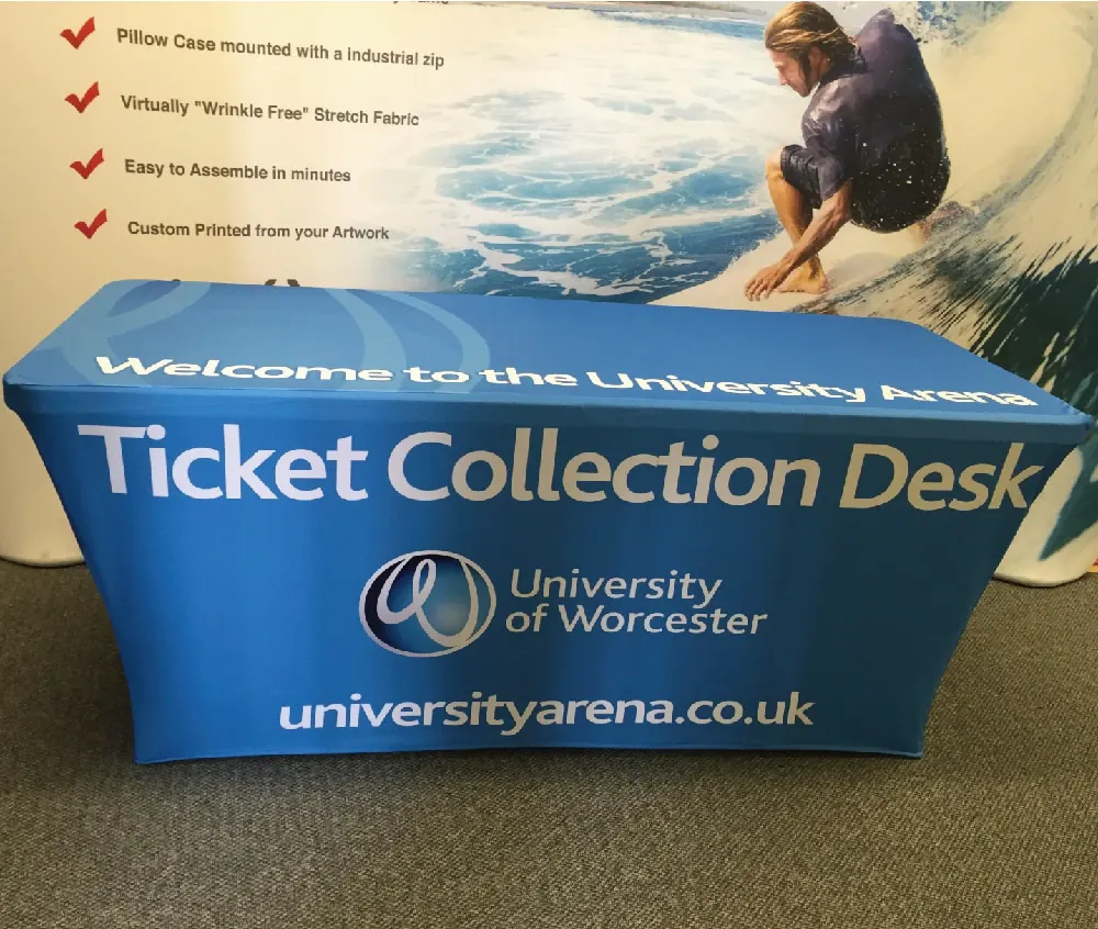 

Custom Digital Printed Spandex Stretch 6ft 8ft Table cloth Table Cover For Halloween Christmas Trade Show Tent Event