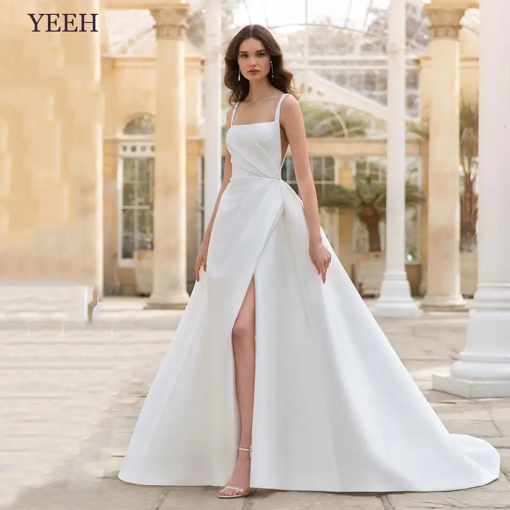 

YEEH Classic Square Collar Wedding Dress With Pocket A-Line Bridal Gown For Bride Spaghetti Strap Vestido De Novia Custom Made