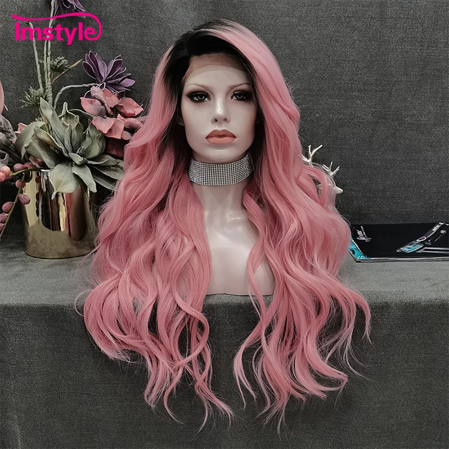 

Imstyle Pink Wig Synthetic Lace Front Wig Dark Root Natural Wavy Wigs For Cosplay Heat Resistant Fiber Wigs For Women