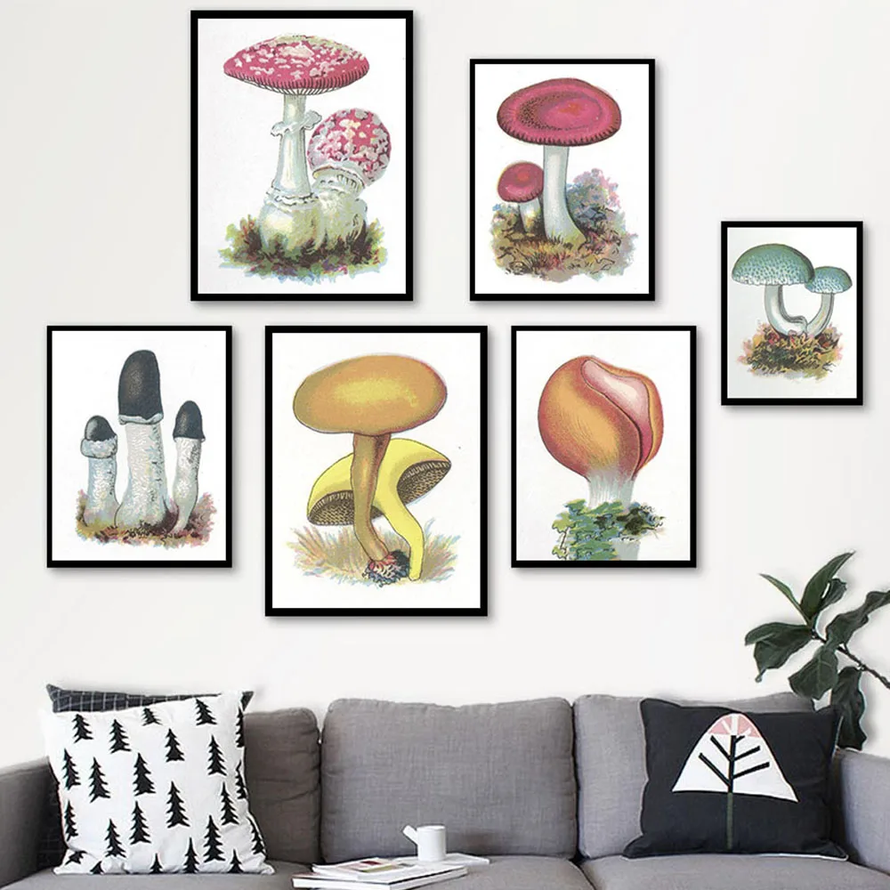 

Retro Art Cute Color Mushroom Canvas Painting Kitchen Wall Art Plant And Poster Living Room Corridor Home Decoration Frameless