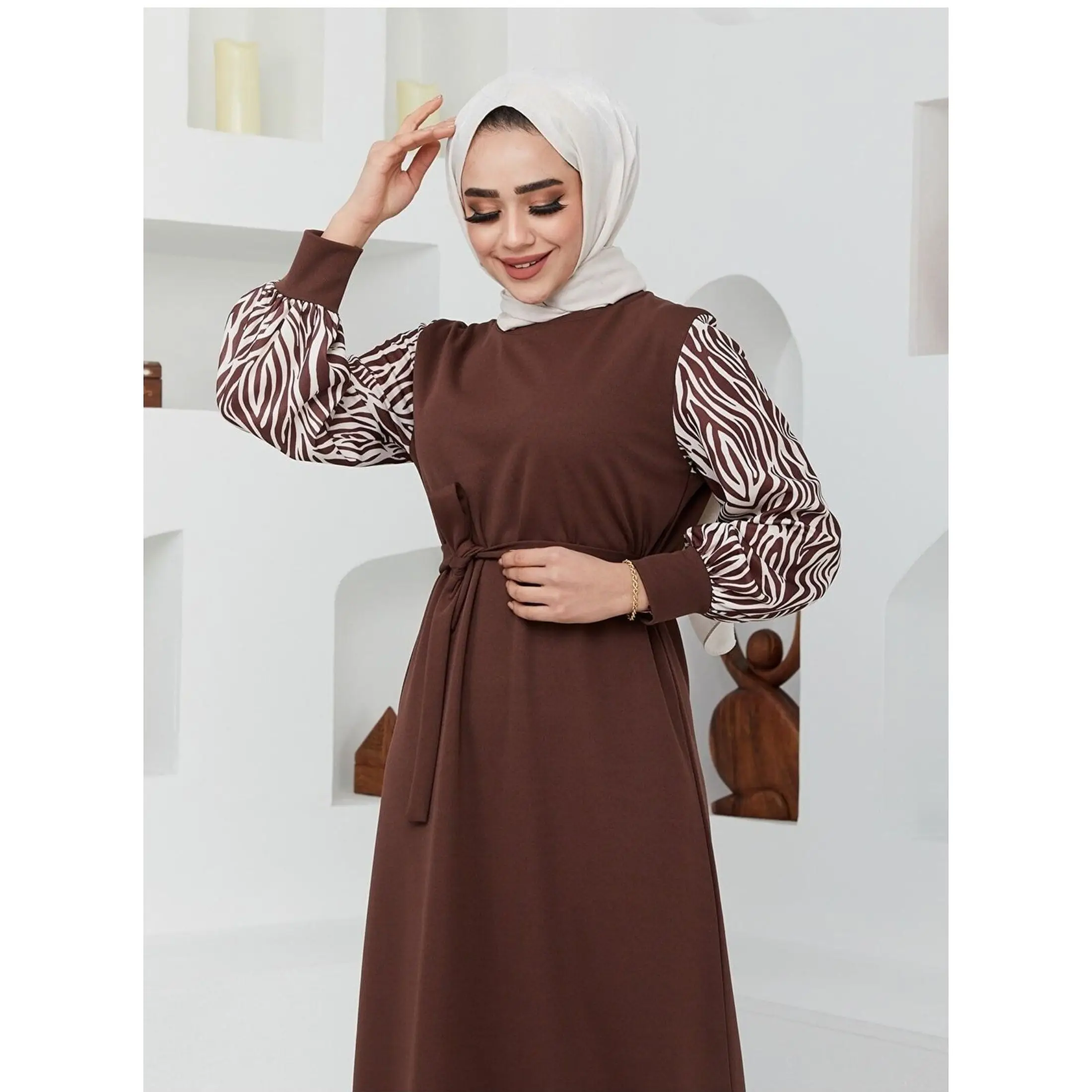 Muslim Women's Belted Zebra Pattern Maxi Dress Muslim Fashion Modest Clothing Morocain Abaya Kaftan Dubai Turkey 2023