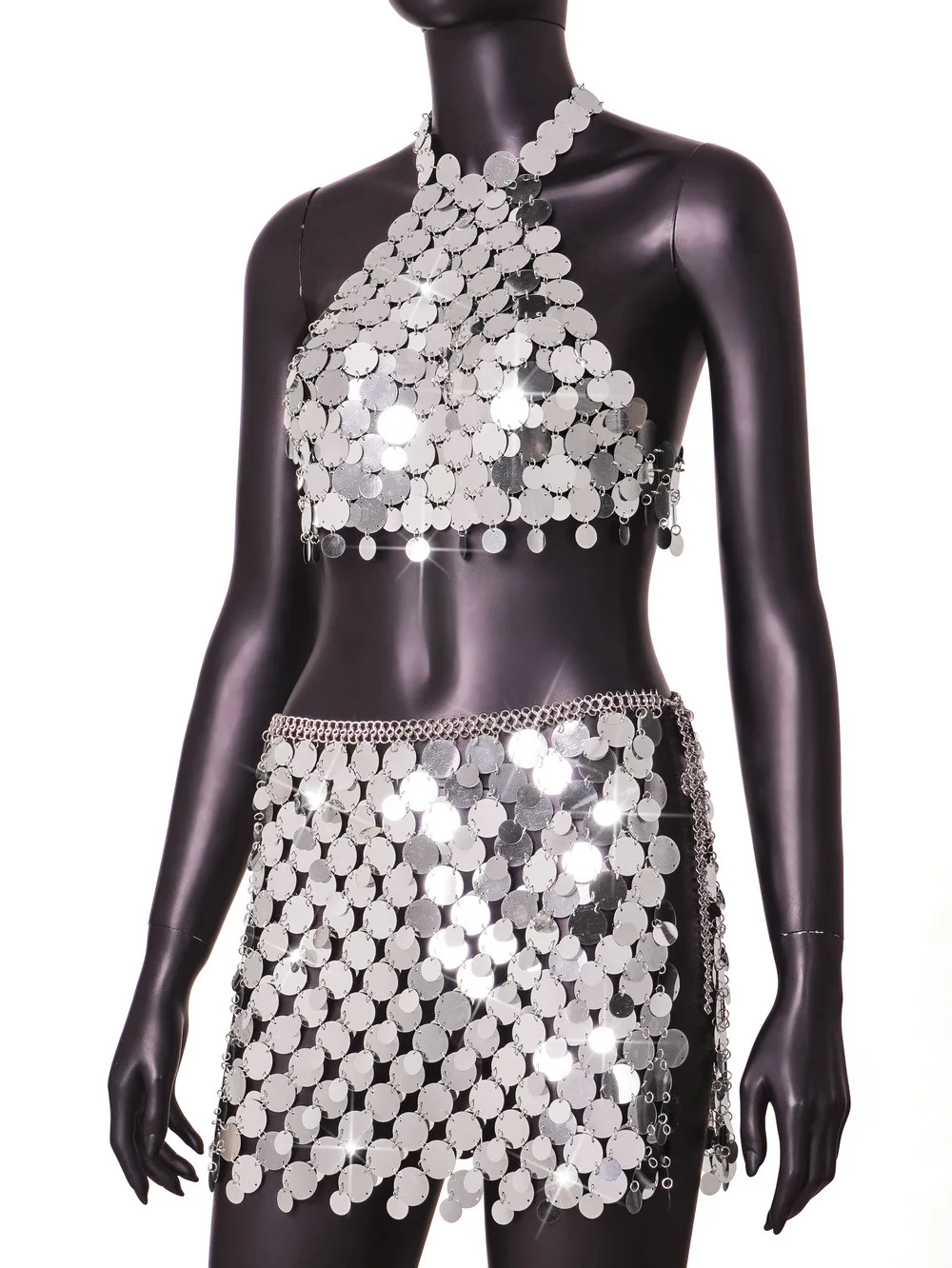 Sparkly Sequin 2 Piece Set For Women Halterneck Backless Crop Tops Side Slit Mini Skirt Suit Beach Club Festival Outfit enlarge