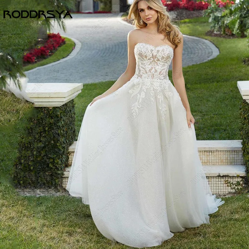 Купи RODDRSYA Romantic Strapless Wedding Dresses For Women Appliques Lace robe de mariée fluide Open Back Bridal Gowns Custom Made за 5,897 рублей в магазине AliExpress