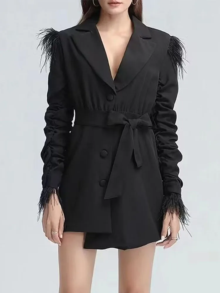 

ZATRHMBM Women 2022 Chic Fashion Feather-Embellished Blazer Vintage Long Sleeve Matching Belt Ladies Outerwear Stylish Tops