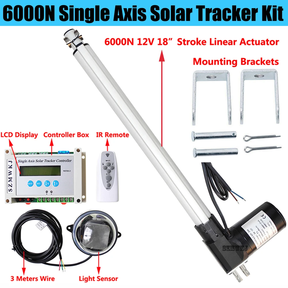 

Auto-Tracking Single Axis LCD Solar Tracker Controller &18" Stroke 6000N Linear Actuator for Solar Panel Sunlight Track System