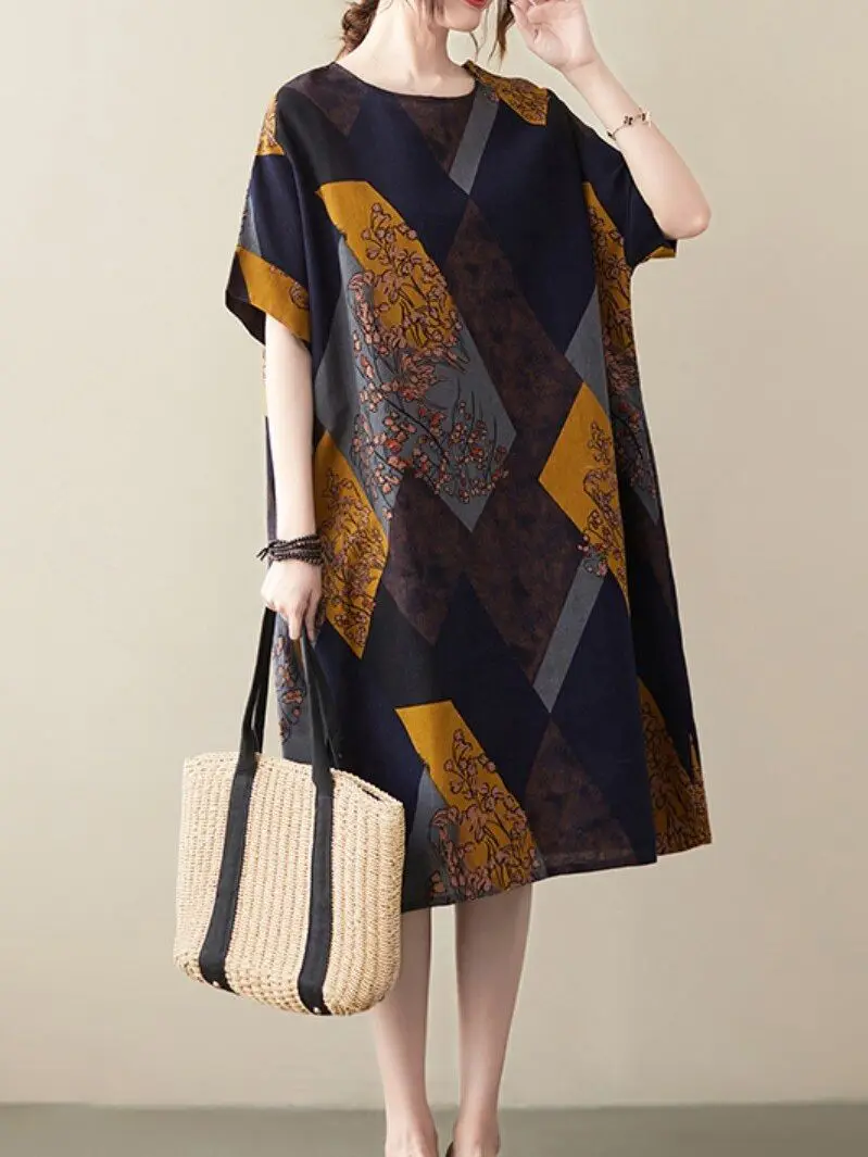 

New Summer Cotton Linen Vintage Floral Dresses For Women Casual Midi Ladies Print Dress Elegant Vestidos Female Clothing 2022