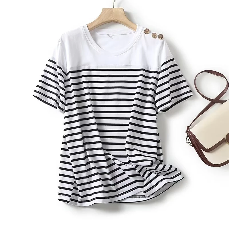 

Withered British Fashion Simple Striped Button Decoration Summer T-shirt Casual Round Neck Commuting Basic Top Women