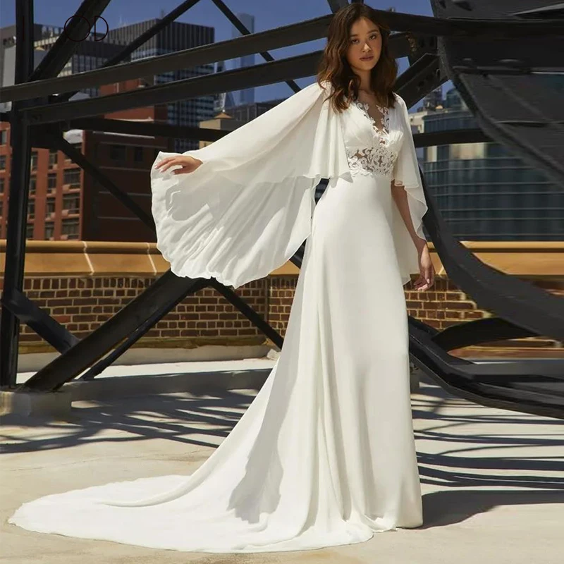 

I OD Modern batwing sleeves Wedding Dresses Elegant Lace V-neck Appliques Covered Button Backless Chiffon Bride Gown Court Train