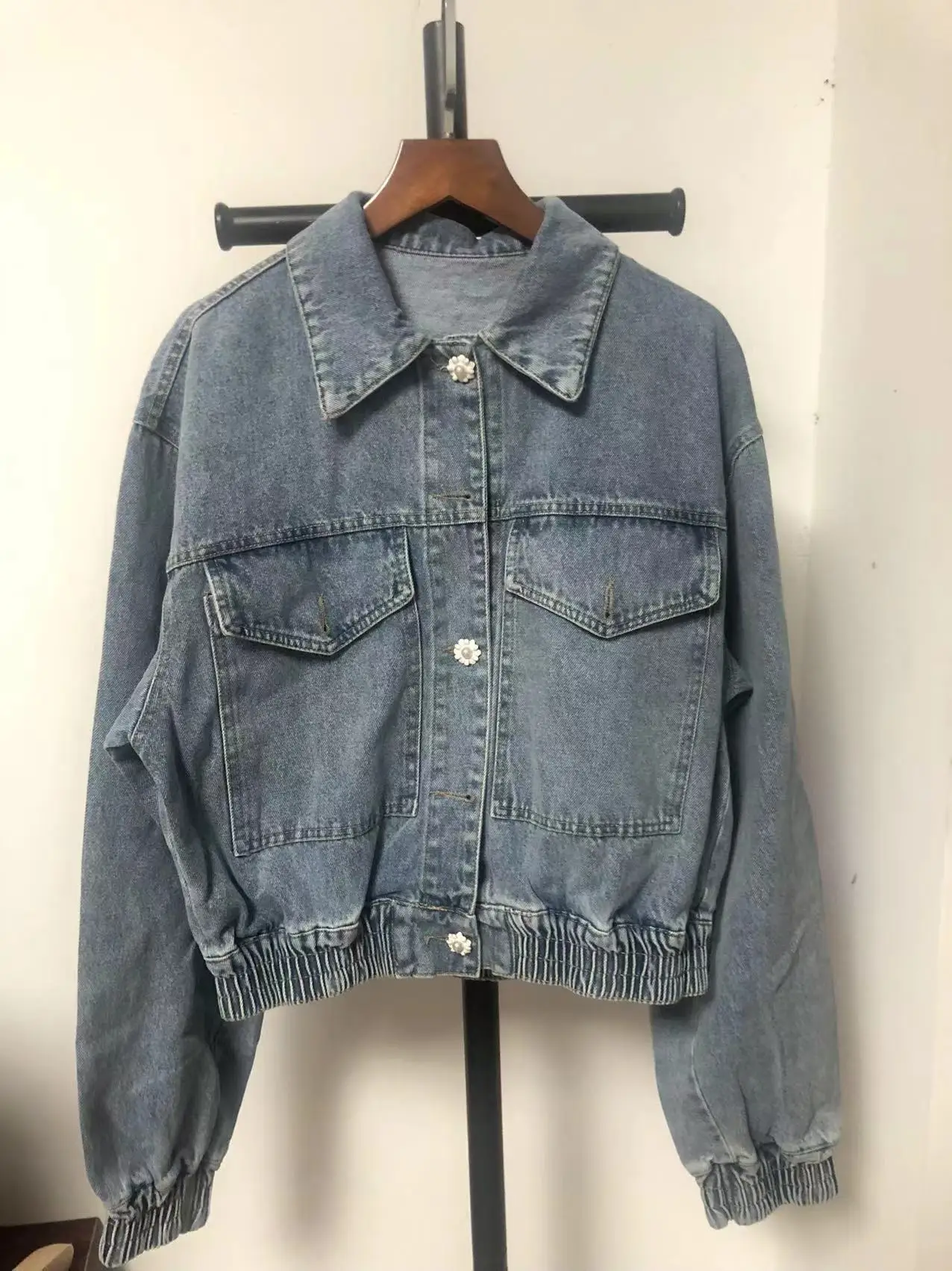 

Zach AiIsa Fall/Winter New Women's Fashion Retro Lapel Long Sleeve Pocket Micro-Stretch High Waist Denim Short Jacket Top