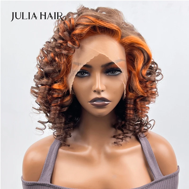 Julia Hair 13x4 Lace Frontal Light Mocha Short Wig With Ringlets Swept Bangs And Ginger Highlights Curly Wave Pre Plucked Wigs